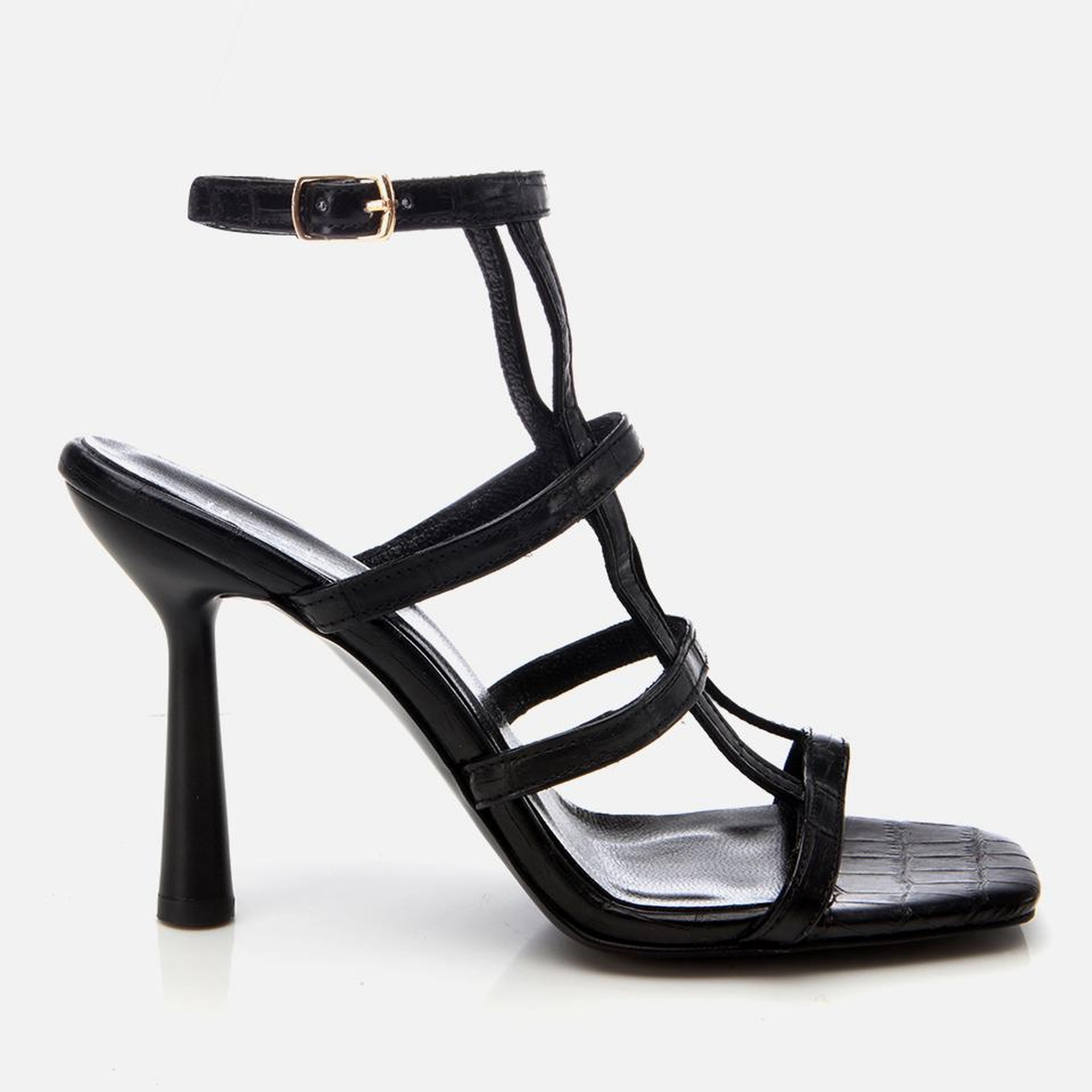 Kadın Deri Siyah Kroko Desenli Topuklu Sandalet