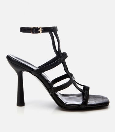  Kadın Deri Siyah Kroko Desenli Topuklu Sandalet