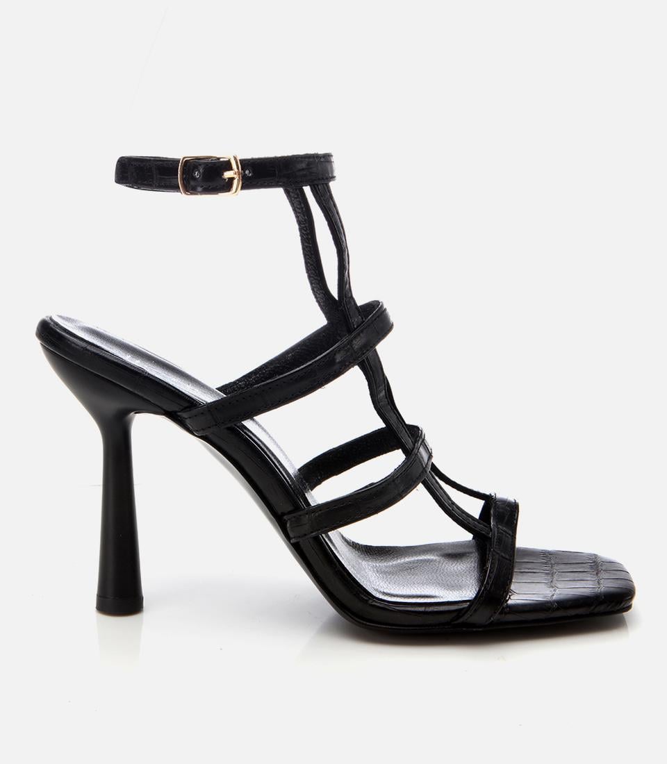  Kadın Deri Siyah Kroko Desenli Topuklu Sandalet
