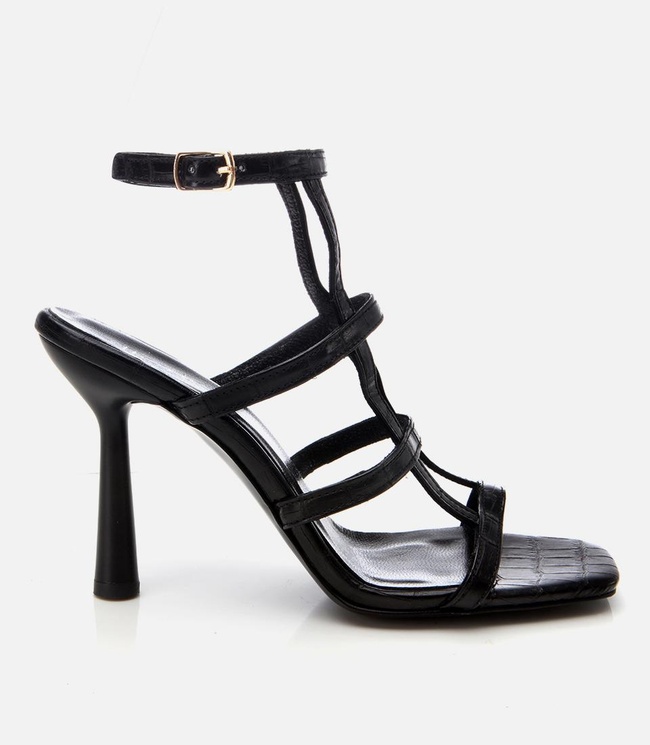  Kadın Deri Siyah Kroko Desenli Topuklu Sandalet