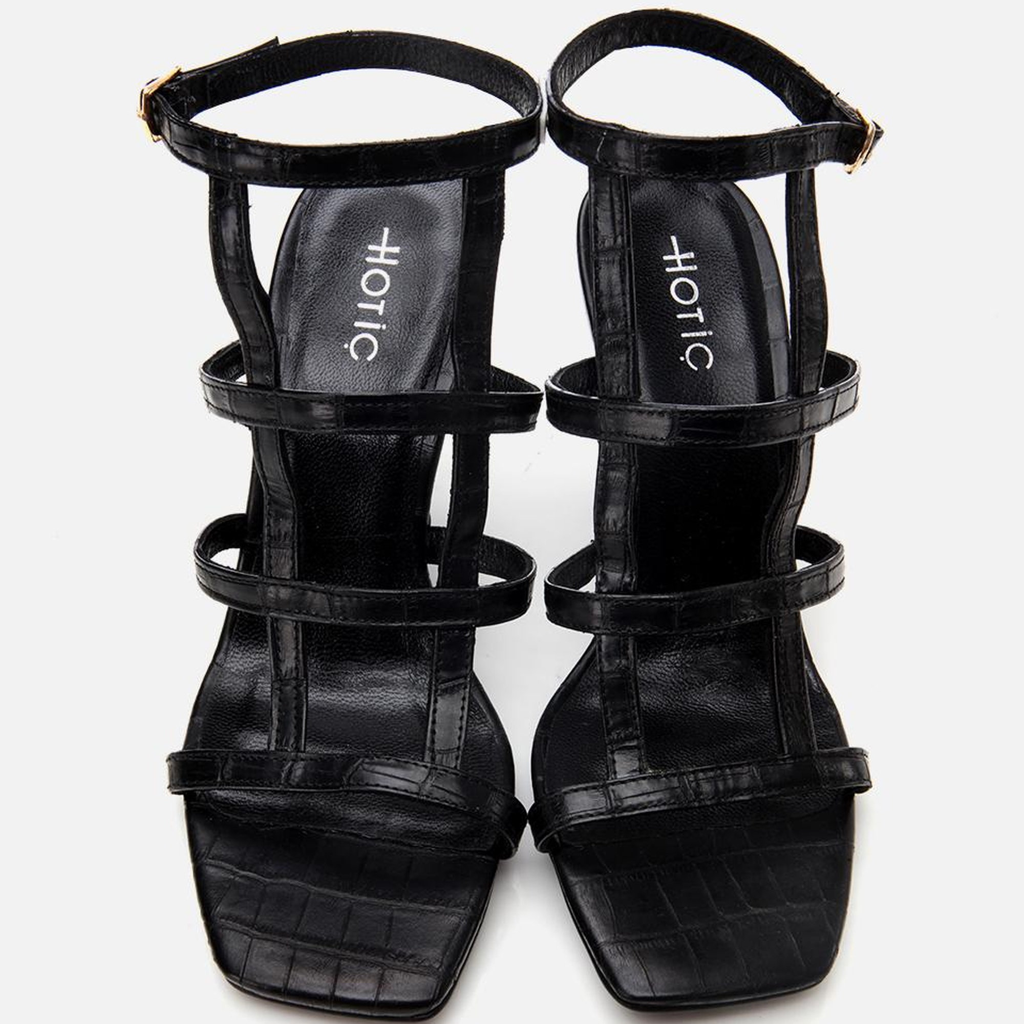 Kadın Deri Siyah Kroko Desenli Topuklu Sandalet