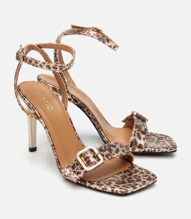  Kadın Deri Gold Leopar Desenli Kemerli Topuklu Sandalet