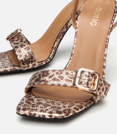  Kadın Deri Gold Leopar Desenli Kemerli Topuklu Sandalet