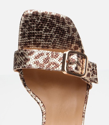  Kadın Deri Gold Leopar Desenli Kemerli Topuklu Sandalet