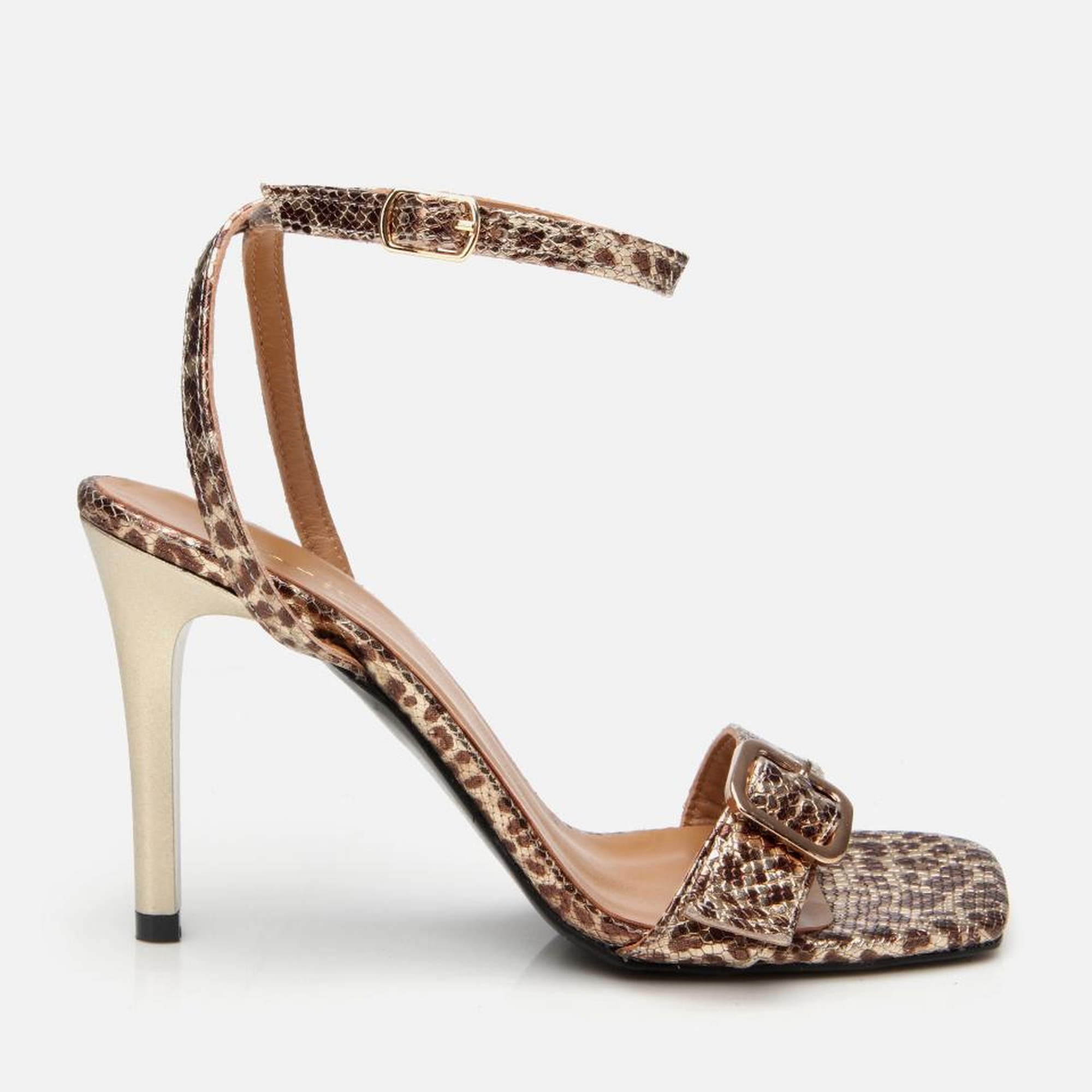 Kadın Deri Gold Leopar Desenli Kemerli Topuklu Sandalet