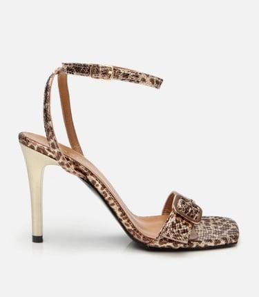  Kadın Deri Gold Leopar Desenli Kemerli Topuklu Sandalet