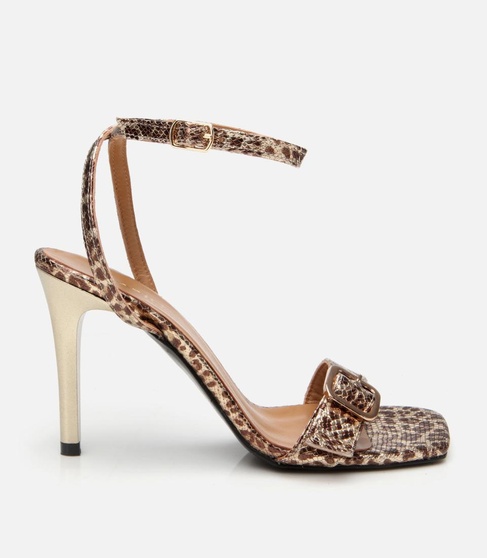  Kadın Deri Gold Leopar Desenli Kemerli Topuklu Sandalet