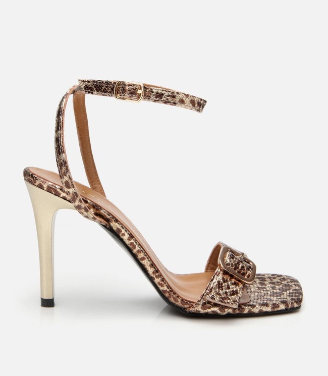  Kadın Deri Gold Leopar Desenli Kemerli Topuklu Sandalet