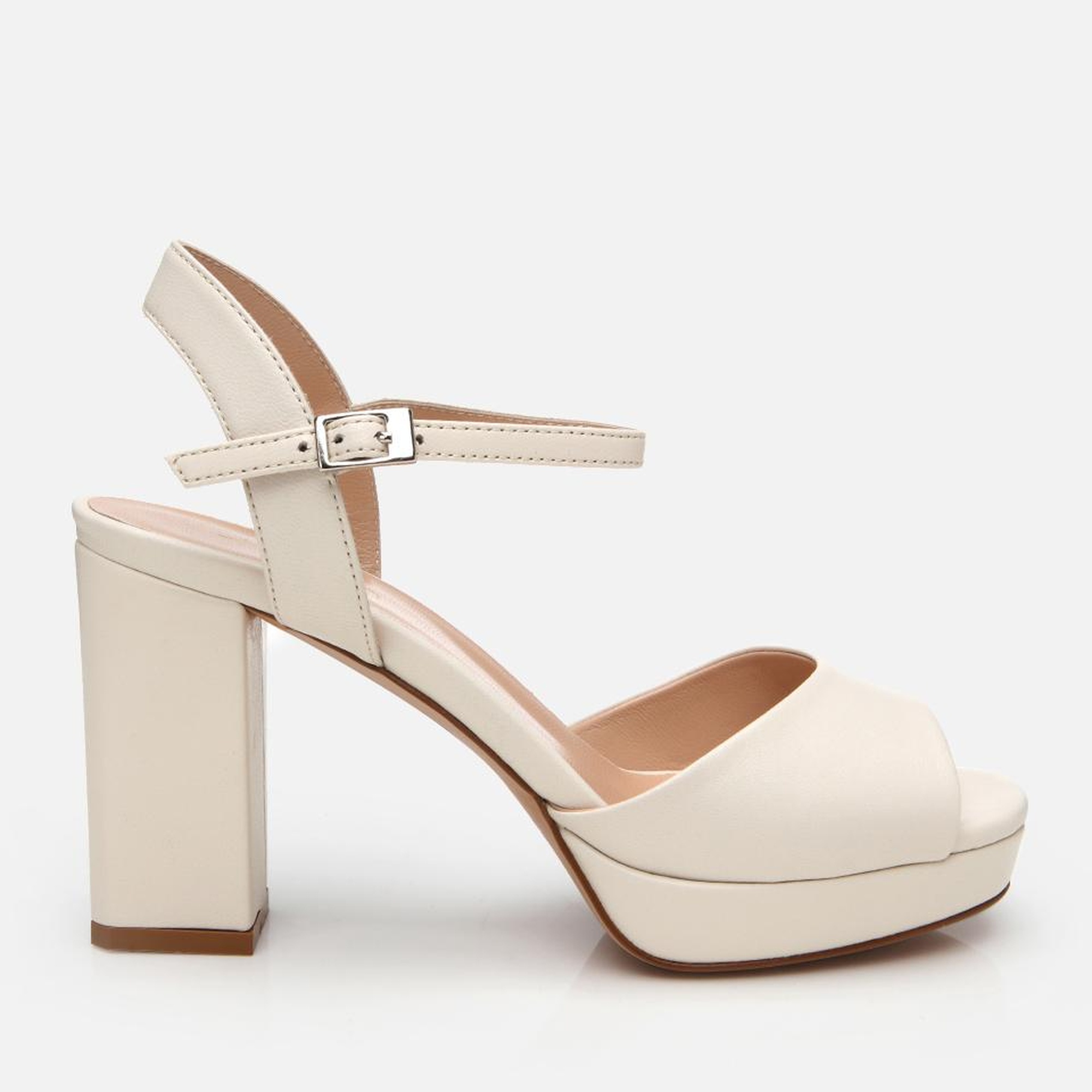 Kadın Deri Ekru Kalın Topuklu Sandalet