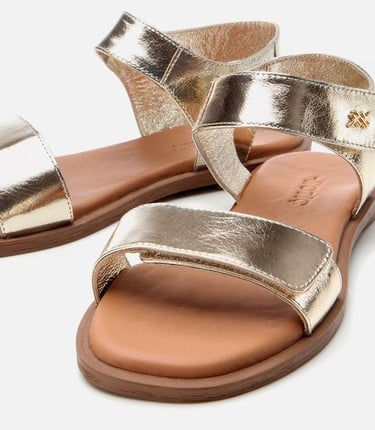  Kadın Deri Gold Ayarlanabilir Düz Sandalet