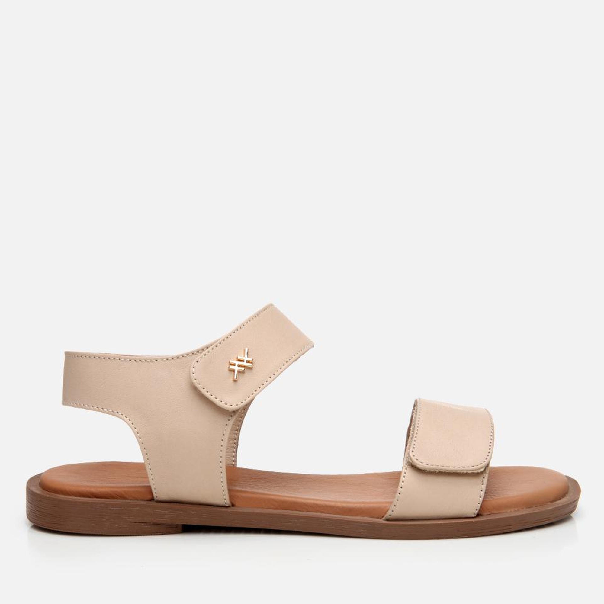 Kadın Deri Bej Ayarlanabilir Düz Sandalet