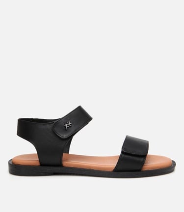  Kadın Deri Siyah Ayarlanabilir Düz Sandalet