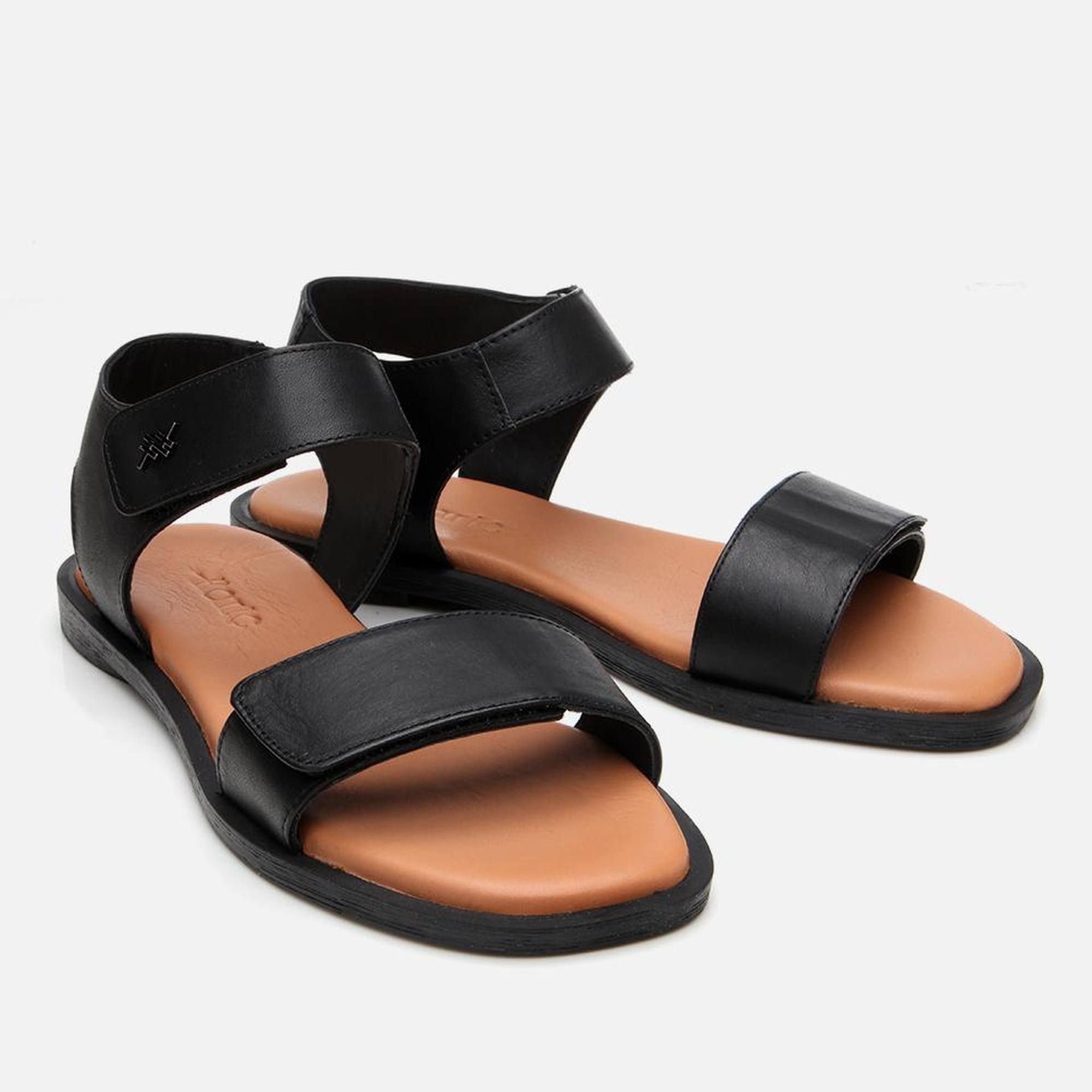 Kadın Deri Siyah Ayarlanabilir Düz Sandalet
