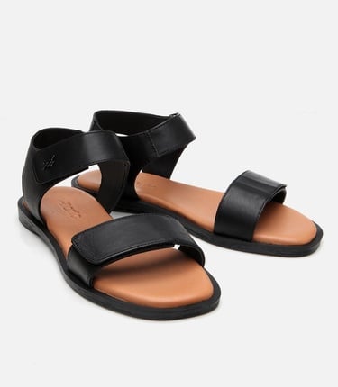  Kadın Deri Siyah Ayarlanabilir Düz Sandalet