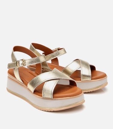  Kadın Deri Gold Dolgu Topuklu Sandalet