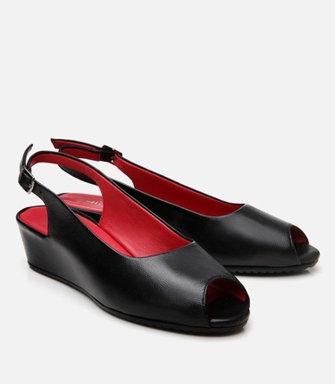  Kadın Deri Siyah Esnek Dolgu Topuklu Sandalet