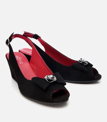  Kadın Süet Deri Siyah Esnek Dolgu Topuklu Sandalet