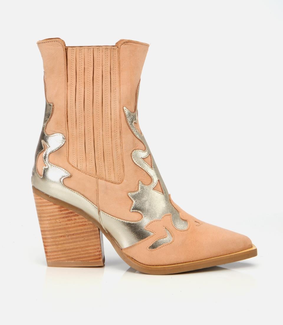  Kadın Süet Deri Bej Western Topuklu Bot