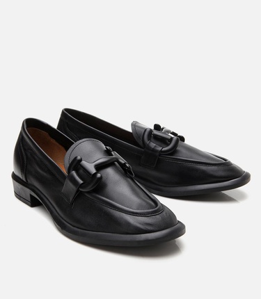  Kadın Deri Siyah Esnek Tabanlı Günlük Loafer