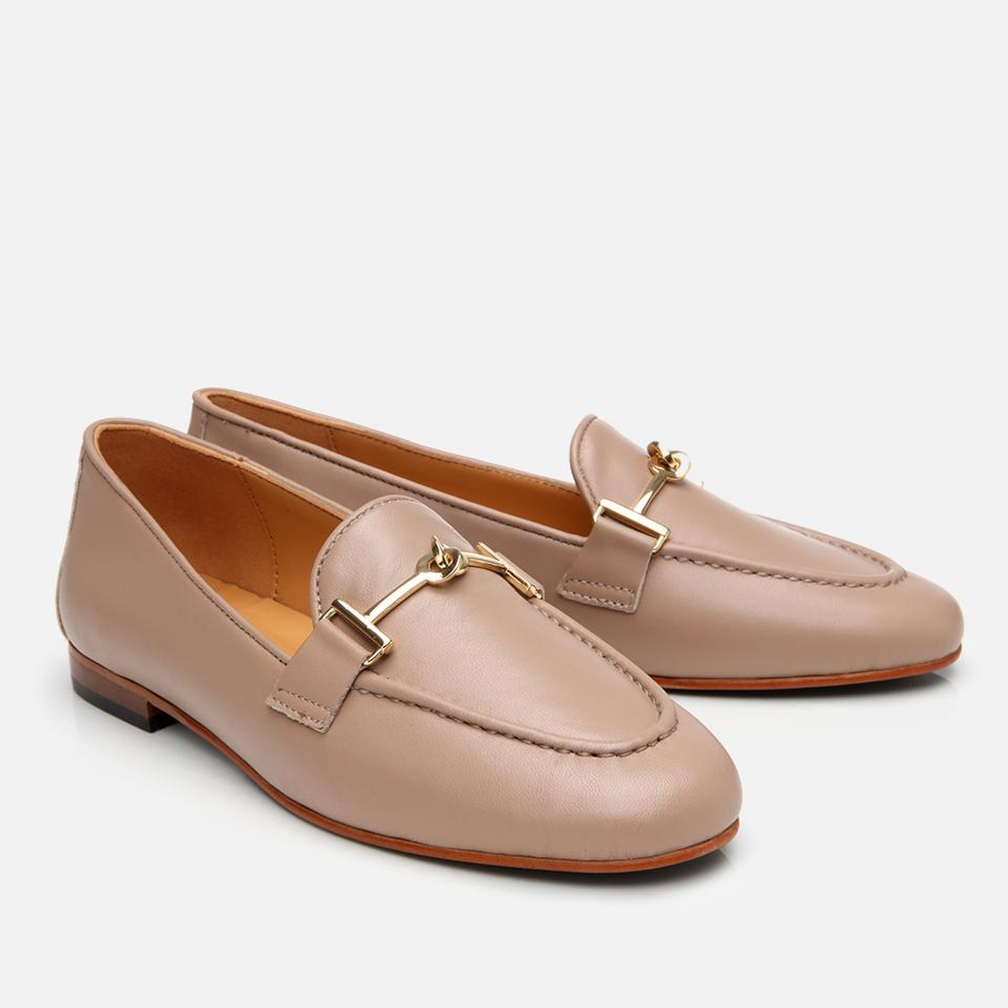 Kadın Deri Bej Tokalı Klasik Loafer