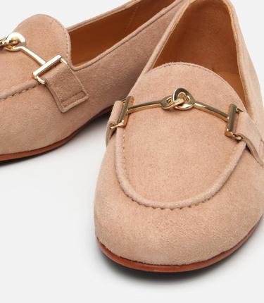  Kadın Süet Deri Bej Tokalı Klasik Loafer
