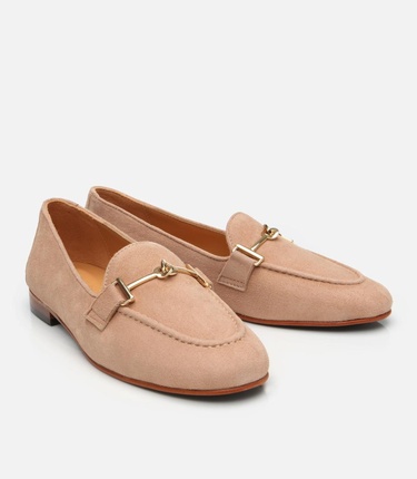  Kadın Süet Deri Bej Tokalı Klasik Loafer