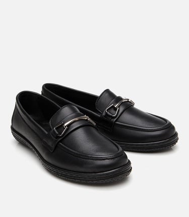  Kadın Deri Siyah Tokalı Günlük Loafer