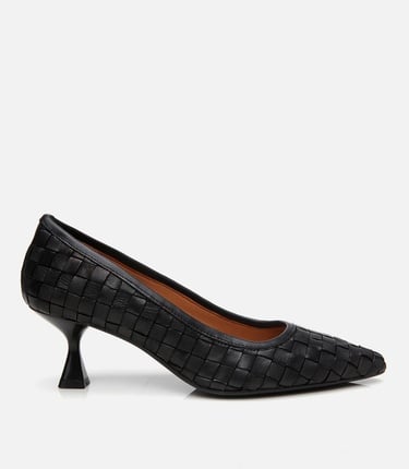  Kadın Deri Siyah Örgü Detaylı Stiletto