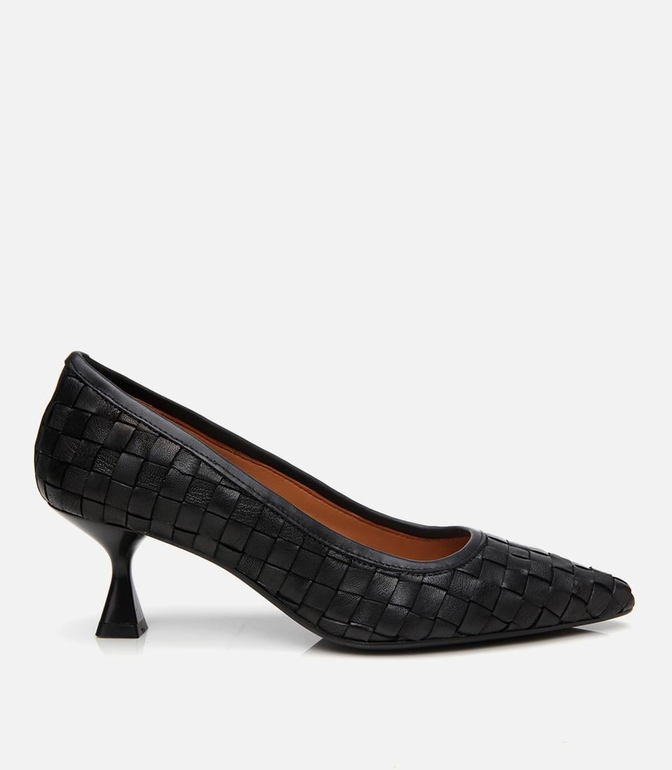  Kadın Deri Siyah Örgü Detaylı Stiletto