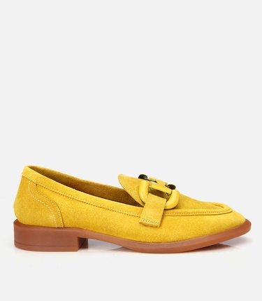  Kadın Süet Deri Sarı Esnek Tabanlı Günlük Loafer
