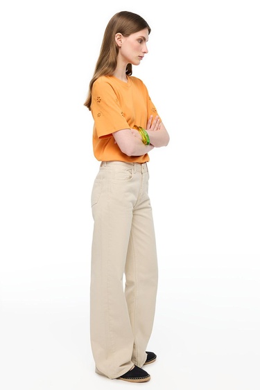  Bej Denim Rahat Kalıp Yüksek Bel Denim