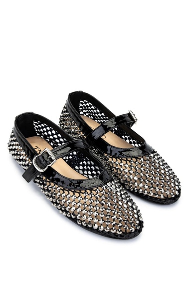  Tamer Tanca Kadın Deri & Tekstil Siyah Rugan Babet Ayakkabı