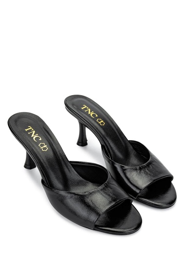  Tamer Tanca Kadın Hakiki Deri Siyah Rugan Topuklu Terlik