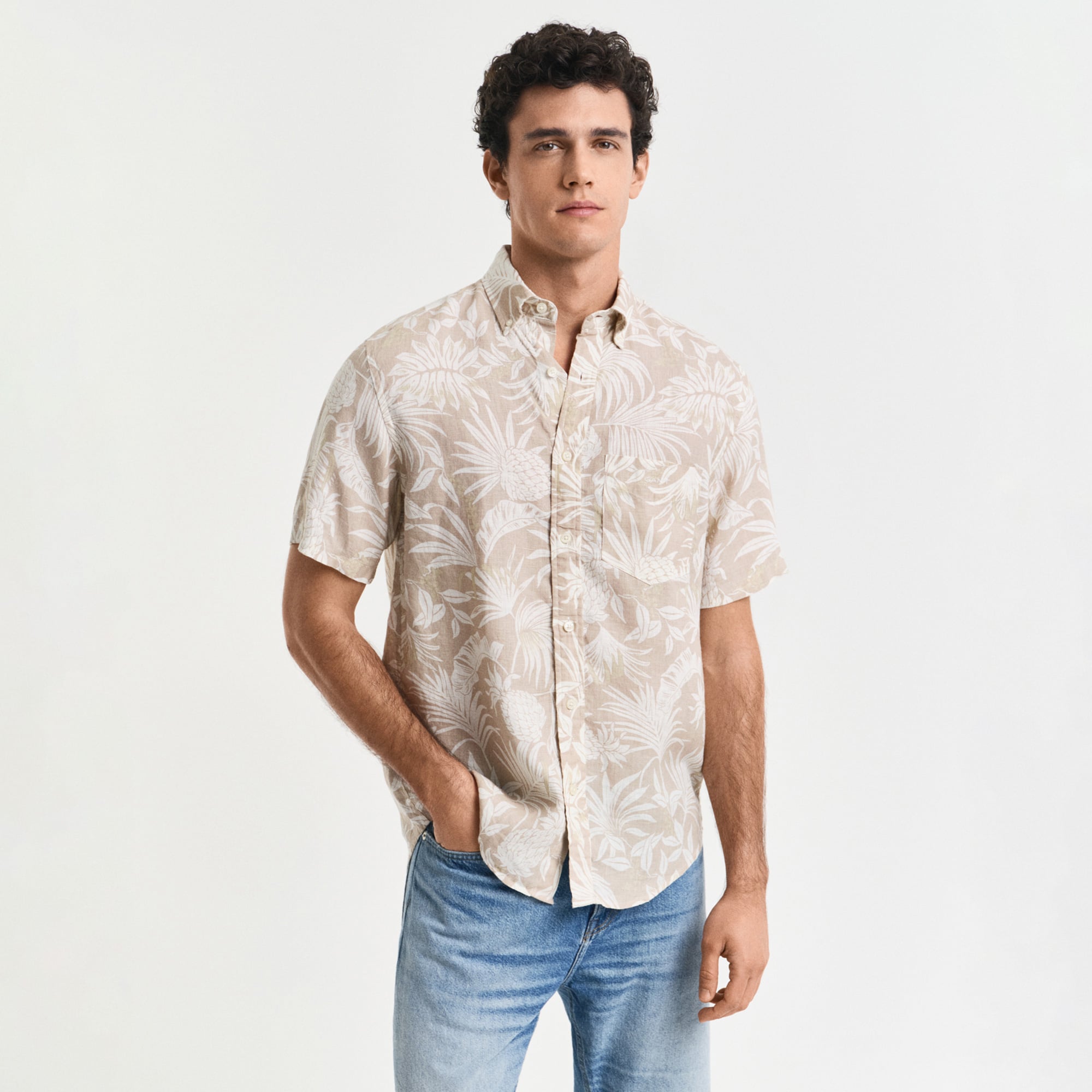  GANT Erkek Bej Regular Fit Düğmeli Yaka Desenli Gömlek