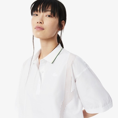  Lacoste Kadın Oversize Fit Kısa Kollu Beyaz Polo
