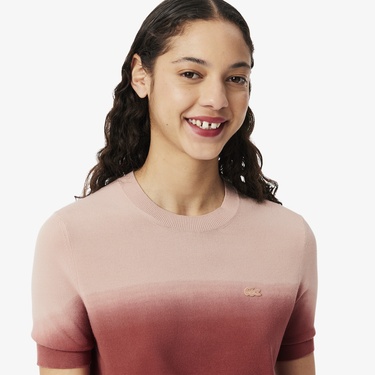  Kadın Classic Fit Kısa Kollu Bisiklet Yaka Renk Bloklu Pembe Triko