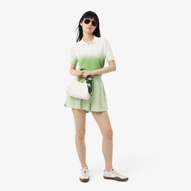  Kadın Classic Fit Kısa Kollu Polo Yaka Renk Bloklu Yeşil Triko