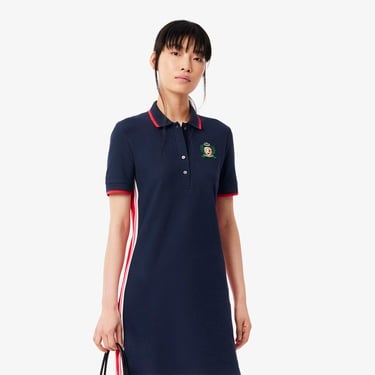  Lacoste Kadın Slim Fit Kısa Kollu Polo Yaka Renk Bloklu Lacivert Elbise