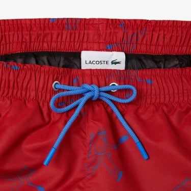  Lacoste Erkek Regular Fit Desenli Kırmızı Deniz Şortu
