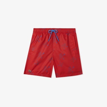  Lacoste Erkek Regular Fit Desenli Kırmızı Deniz Şortu
