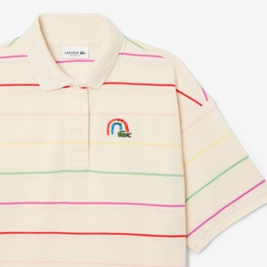  Kız Çocuk Kısa Kollu Polo Yaka Çizgili Krem Elbise