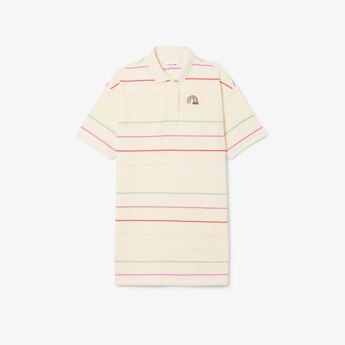  Kız Çocuk Kısa Kollu Polo Yaka Çizgili Krem Elbise