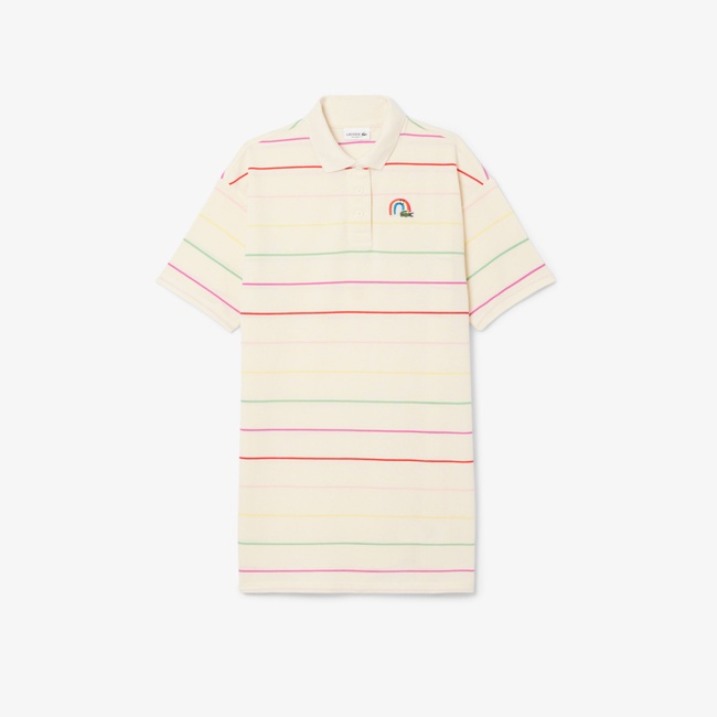  Kız Çocuk Kısa Kollu Polo Yaka Çizgili Krem Elbise