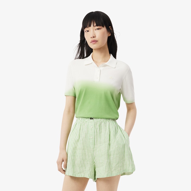  Kadın Classic Fit Kısa Kollu Polo Yaka Renk Bloklu Yeşil Triko