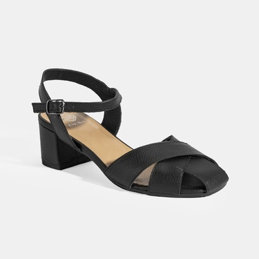  Kadın Siyah Ayarlanabilir Tokalı Deri Topuklu Sandalet