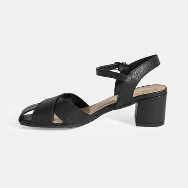  Kadın Siyah Ayarlanabilir Tokalı Deri Topuklu Sandalet