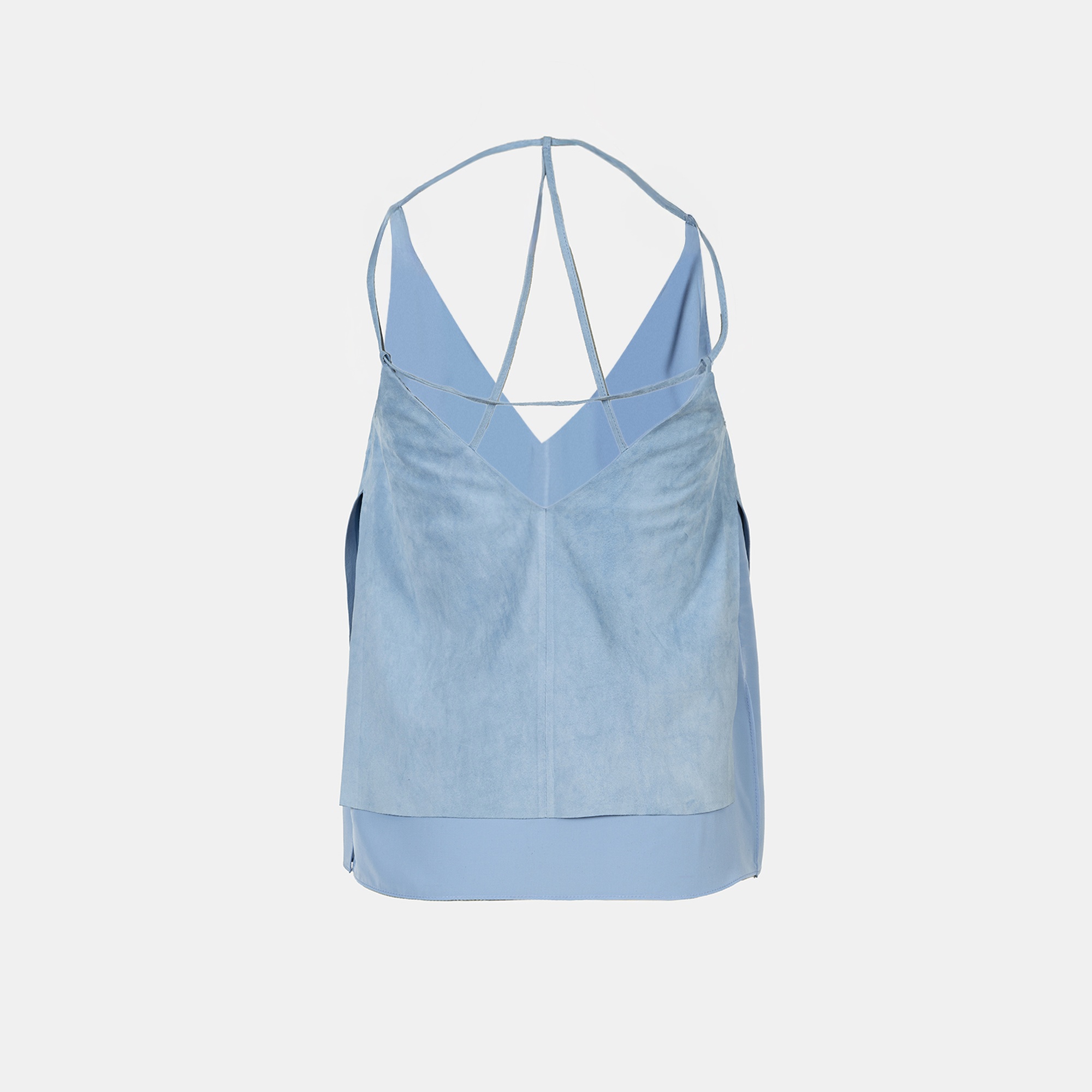 Kadın Mavi Askılı V Yaka Süet Bluz