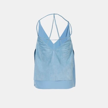  Kadın Mavi Askılı V Yaka Süet Bluz