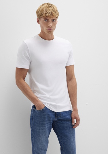  Mavi Stretch Beyaz Basic Tişört Fitted / Vücuda Oturan Kesim 061747-620