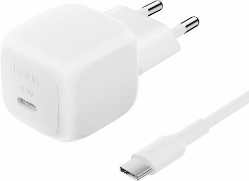  Belkin Kompakt Hızlı Şarj Cihazı 45 W + USB-C - USB-C Kablosu, Beyaz